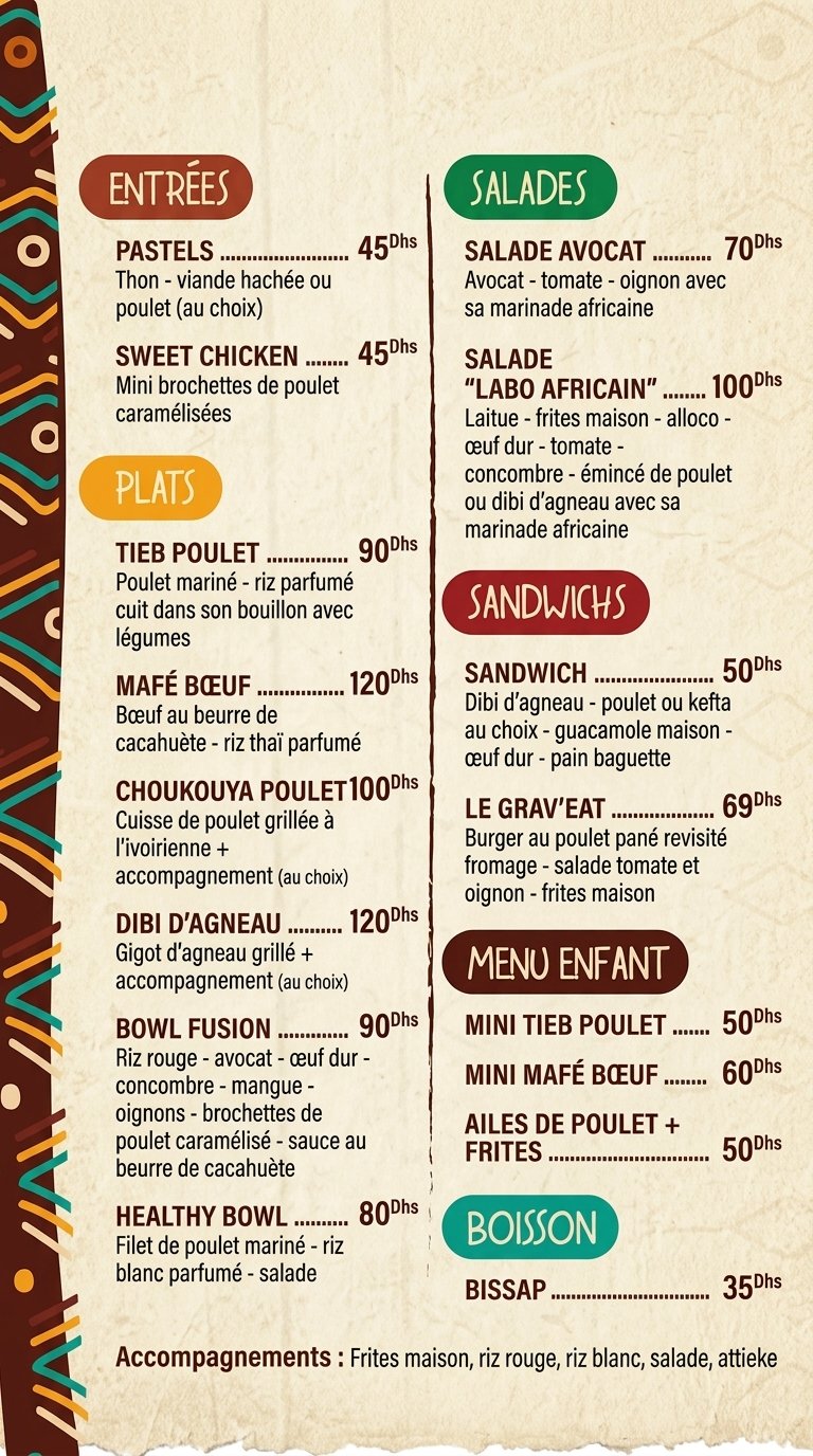Menu Le Labo Africain